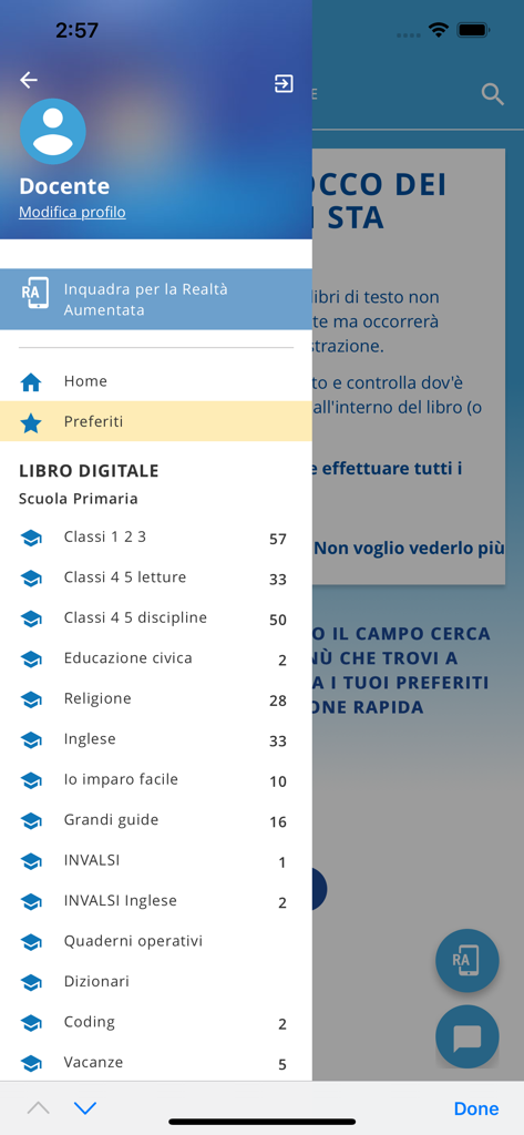 Sidebar menu of the Raffaello Player app displaying digital textbook categories for primary school teachers.