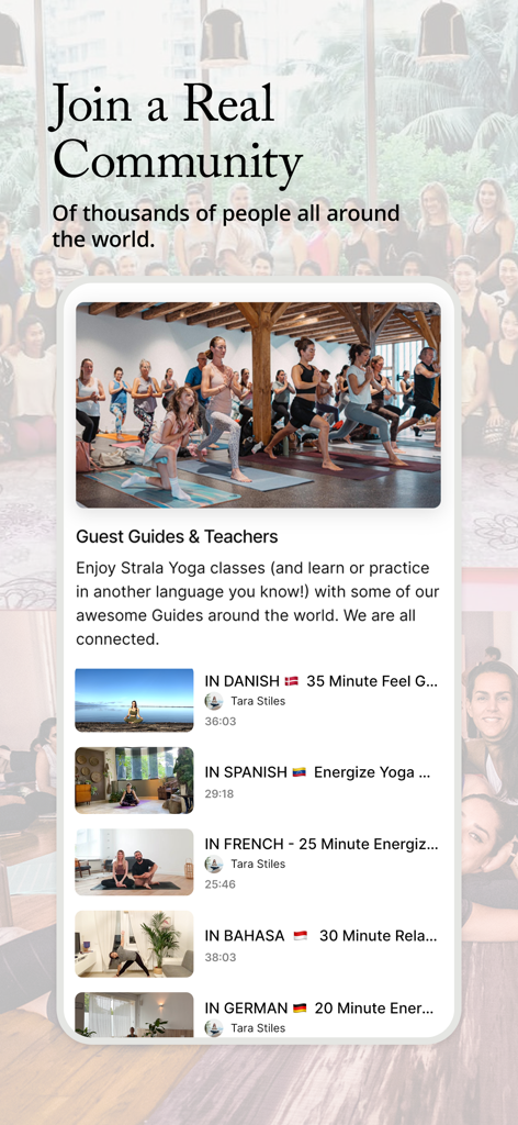 Pantalla de la aplicación Strala Yoga mostrando funciones de comunidad internacional y clases de yoga en varios idiomas