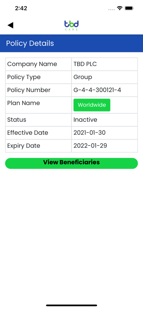 TBD Care App - TBD Care app policy details screen displaying worldwide health coverage plan information and expiry dates.