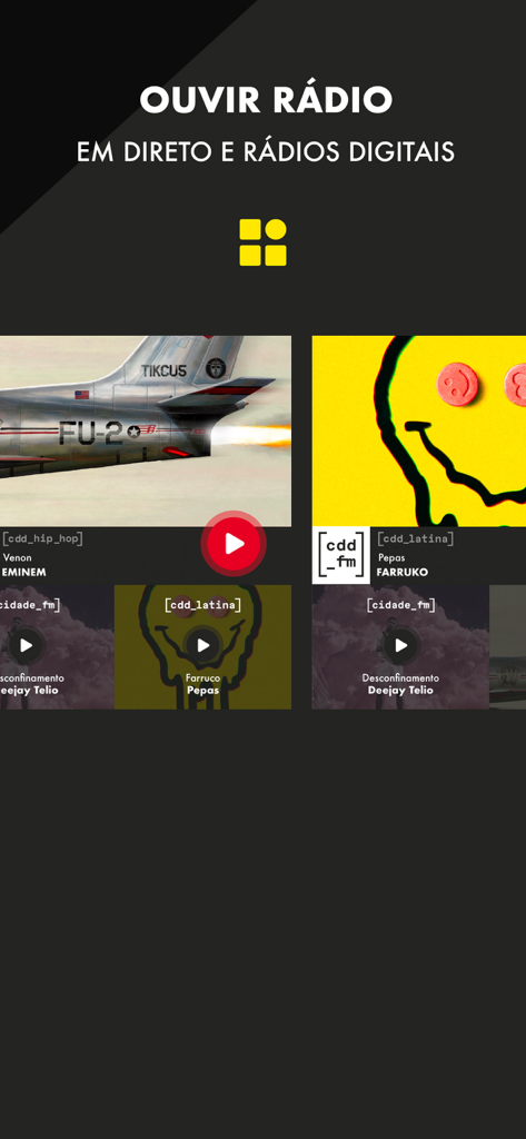 Interface da aplicação Cidade FM exibindo estações de rádio ao vivo e digitais com faixas de música hip hop e latina em tendência.