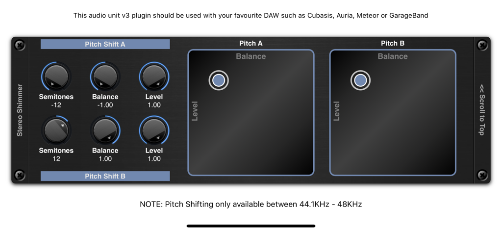 Shimmer AUv3 Audio Plugin - Shimmer AUv3 Audio Plugin interface showing pitch shift controls and X-Y touch pads
