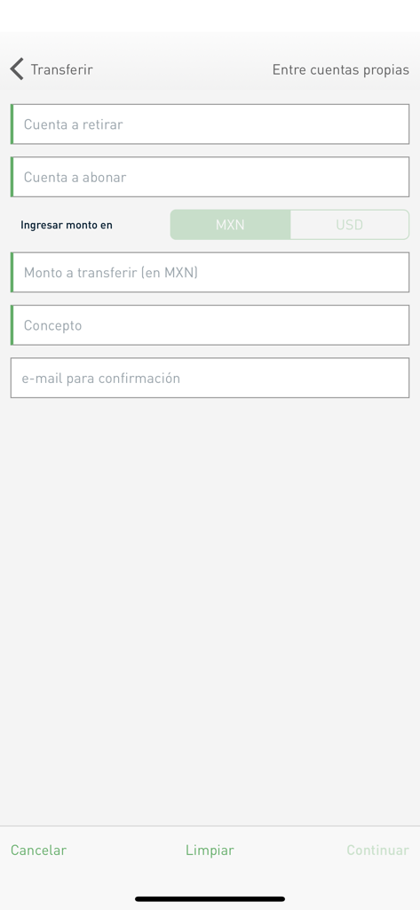 CSN Móvil - Interfaz para transferir dinero entre cuentas propias en la aplicación CSN Movil.