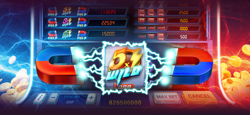 Magnet slot machine in Royal Club Casino showing a 5x wild bonus and massive win