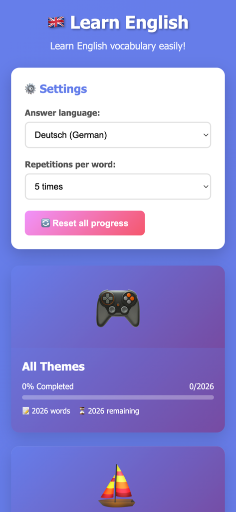 English Easy –Learn Vocabulary - Settings screen of the English Easy app showing language options and vocabulary progress tracking