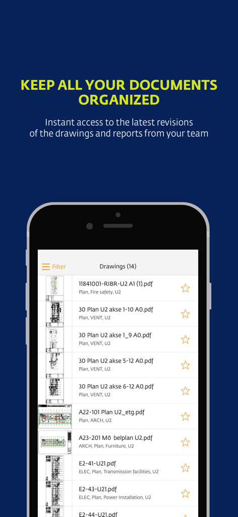 StreamBIM - 건설 프로젝트 도면 및 PDF 설계도 목록을 표시하는 StreamBIM 모바일 앱