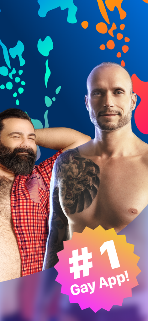 GayRoyal - Dating & Chat - Dos hombres sonriendo sobre un fondo azul colorido con una insignia que indica GayRoyal como la aplicación gay número uno.