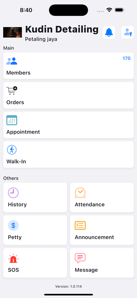 TunaiPro - TunaiProアプリのメインダッシュボード。メンバー、注文、予約、ウォークインオプションなどの管理機能を表示。
