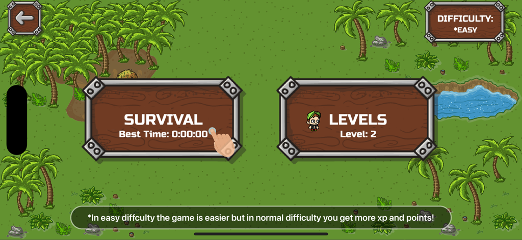 Bruno And Arishnev - Game menu showing survival and levels mode selection with easy difficulty setting