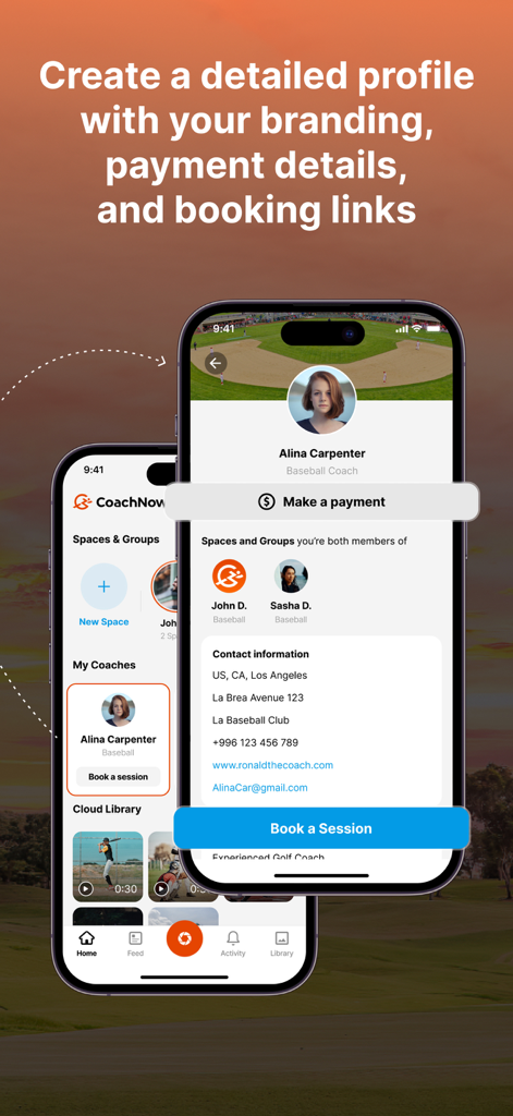 CoachNow: Sports Coaching App - CoachNow app interface displaying a sports coach profile with branding payment details and session booking links