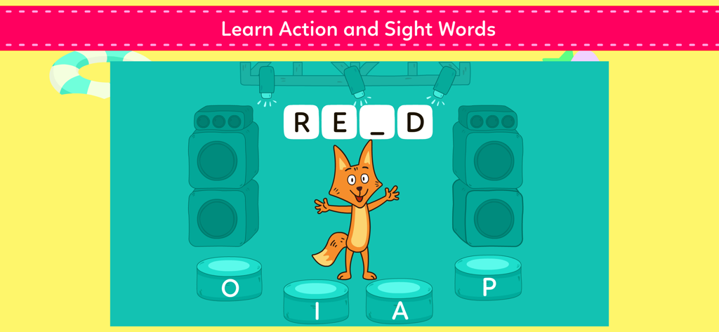 Spelling Games For Kids - A fox character on a stage in a children's spelling game teaching sight words.