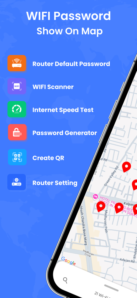 Une interface d'application mobile affichant une carte des mots de passe wifi et des outils de réseau utilitaires