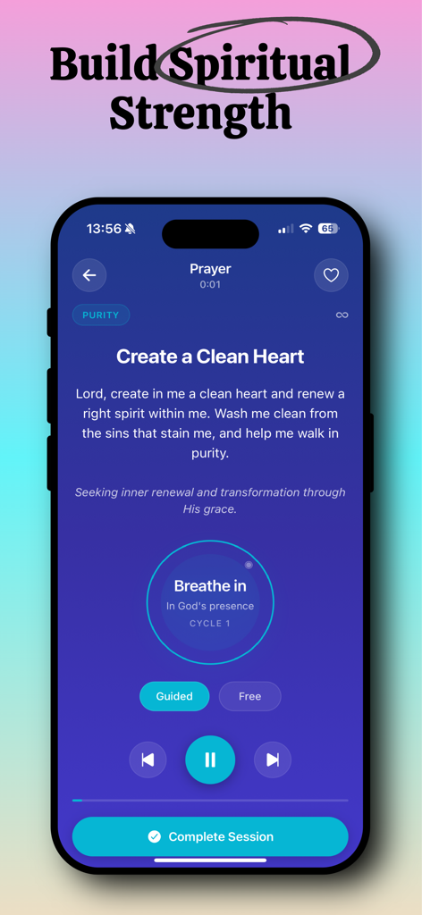 CLNSR: Quit Porn with Christ - Captura de tela do aplicativo CLNSR apresentando uma oração guiada intitulada Crie um Coração Puro com um ciclo de meditação de respiração.