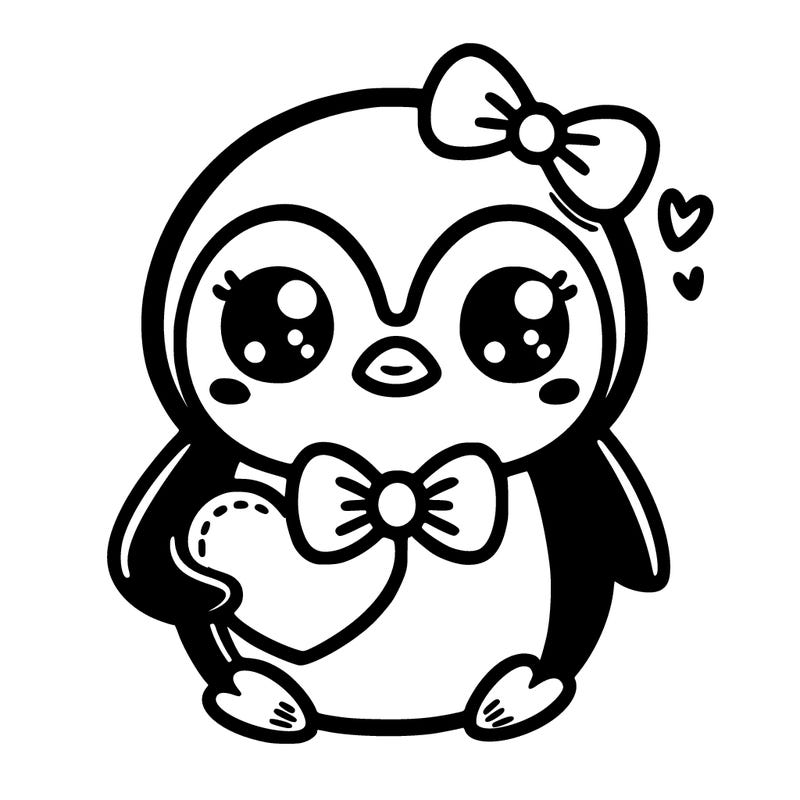 cute penguin with bow tie holding heart