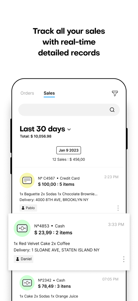Nex: sales app for stores - Mobile interface of the Nex sales app showing a list of detailed transaction records and delivery addresses