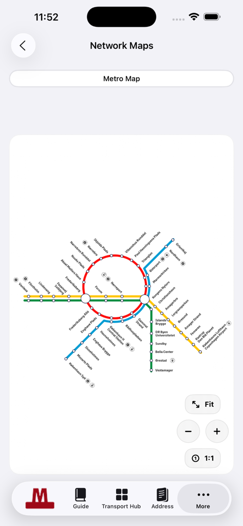 Copenhagen Metro network map with zoom controls