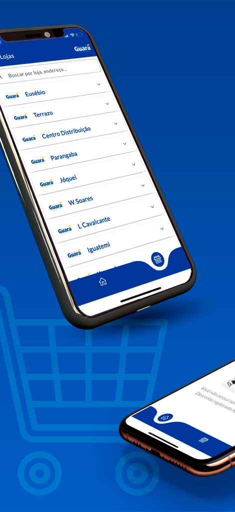 Supermercado Guará - A smartphone displaying the Supermercado Guara mobile app with a list of available grocery store locations to choose from.