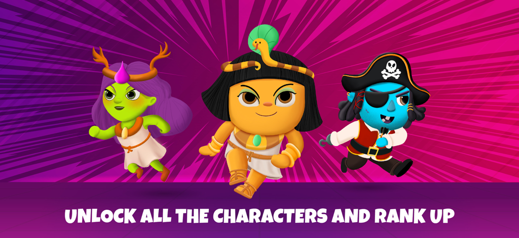 Three diverse cartoon characters to unlock in the Code Teens app including a forest sprite, an Egyptian queen, and a blue pirate