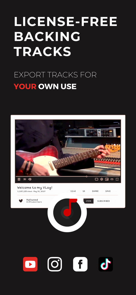 Interfaz de la aplicación Backtrackit que muestra pistas de acompañamiento gratuitas para redes sociales y vlogs
