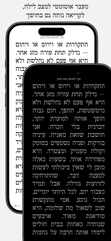 עברית - Uma comparação da interface do aplicativo Ivrit no modo noturno padrão e automático para leitura de e-books em hebraico.