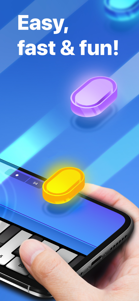 Hello Piano: Learn Pro Lessons - Lezione di pianoforte gamificata interattiva su uno smartphone con note musicali che cadono e il testo 'Facile, veloce e divertente'