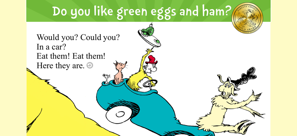 Green Eggs and Ham - 그린 에그 앤 햄 앱의 대화형 스토리 페이지. 파란색 자동차를 탄 '샘 아이 엠'과 페어런츠 초이스 골드 어워드(Parents Choice Gold Award) 인장이 보임.