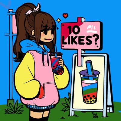 girl with oversized hoodie drinking boba and she has a high ponytail with a sign that says 10likes?