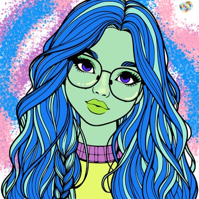 girl with long hair and freckles and glasses realistic