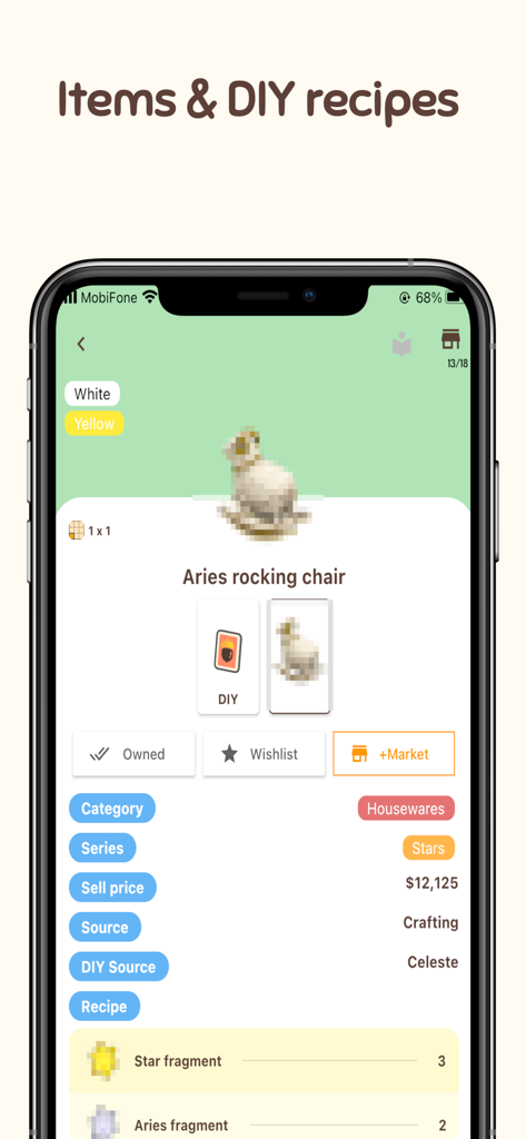 Interface de l'application Ani Guide montrant les détails de l'objet et la recette d'artisanat pour une chaise à bascule d'Aries, y compris les fragments d'étoiles requis et la source de fabrication