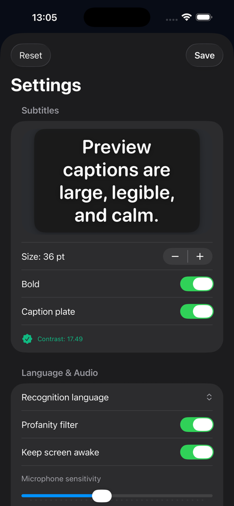 Live Transcribe Pro - Settings screen for customizing caption size and audio preferences