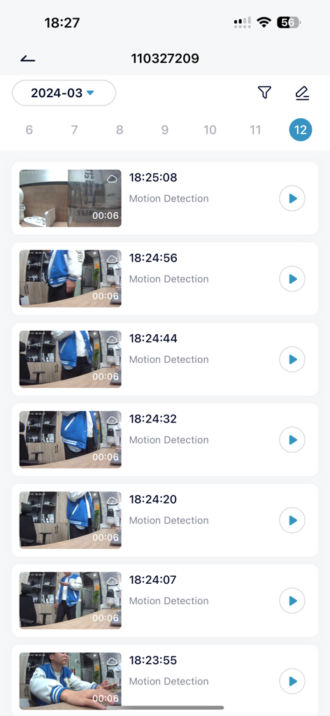 Cococam - Cococam app screen displaying a list of recorded motion detection events with timestamps and video thumbnails.