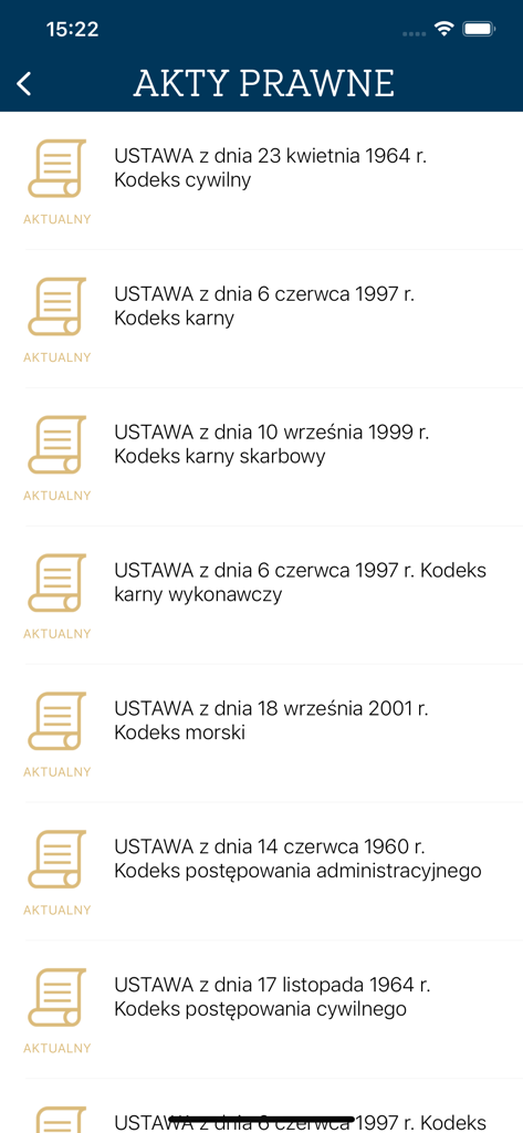 List of current Polish legal codes in the AKTY PRAWNE app