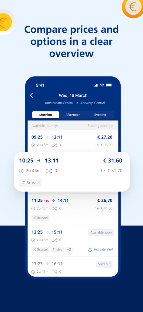 NS International - NS International mobile app interface showing train schedules and ticket prices for a journey from Amsterdam to Antwerp.