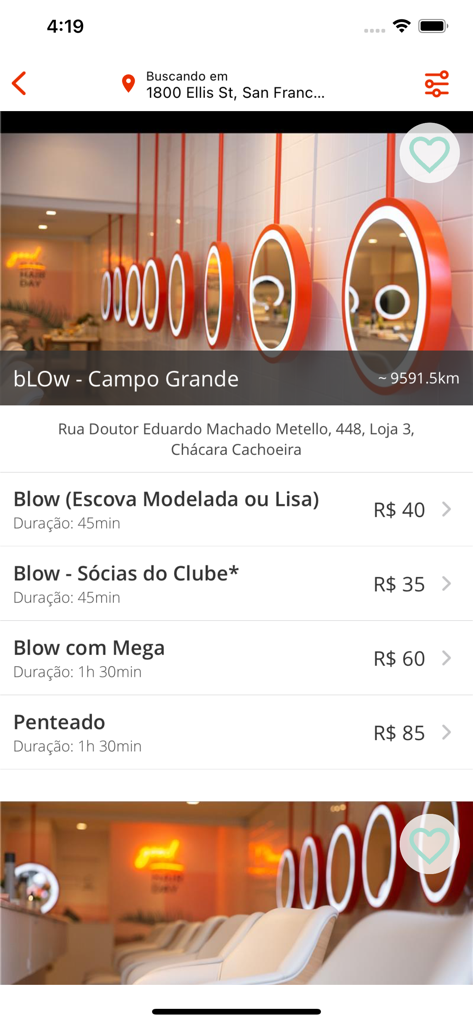 bLOw - A mobile app screen for bLOw showing a list of hair styling services, prices, and professional salon interior photos.