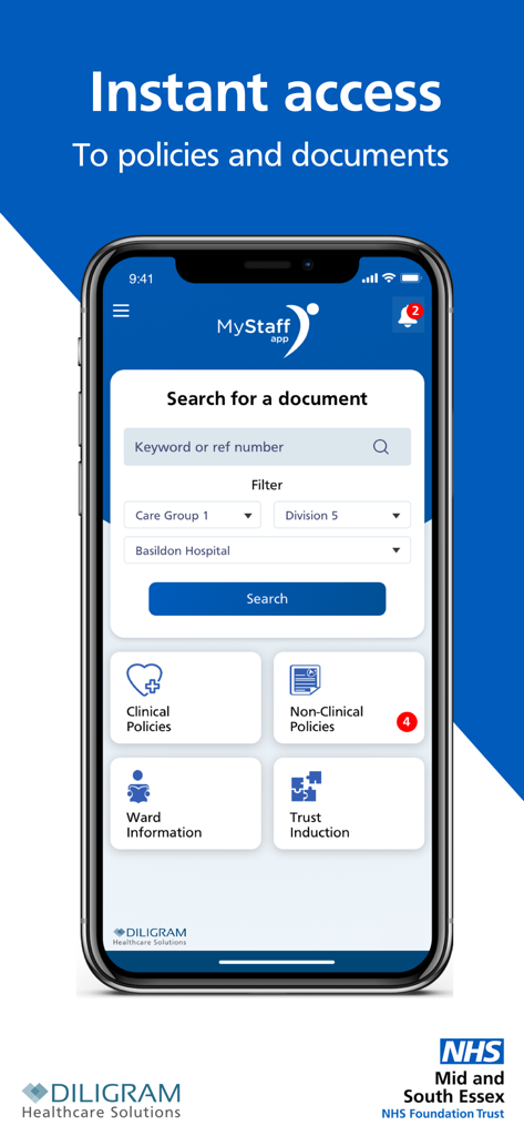 MyStaff - Policies & Documents - Interfaccia dell'app MyStaff per la ricerca e l'accesso a politiche e documenti sanitari