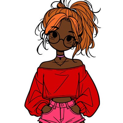 girl with a messy ponytail glasses a baggy crop top and jean shorts