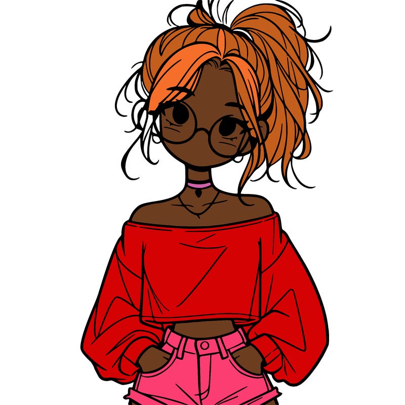 girl with a messy ponytail glasses a baggy crop top and jean shorts