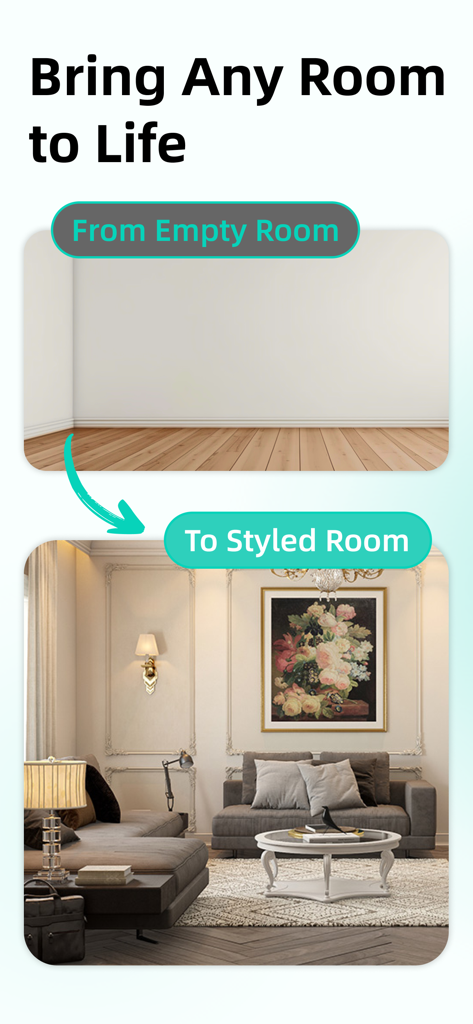 iArch - AI  Home Design - A before and after visual comparison showing an empty room transformed into a stylishly furnished living area using AI design tools