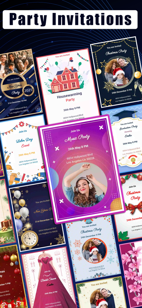 Invitation Maker: Card Design - Une collection de modèles d'invitations numériques colorées pour divers événements tels que les pendaisons de crémaillère, les remises de diplômes et les fêtes de fin d'année.
