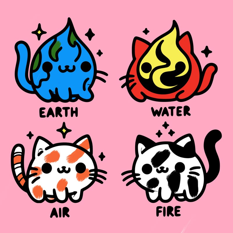 4 cats that represent the different elements, earth, water, air, and fire