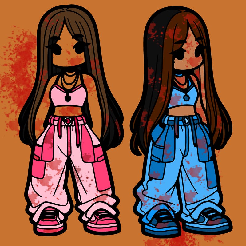girl in baggy pants crop top and long hair