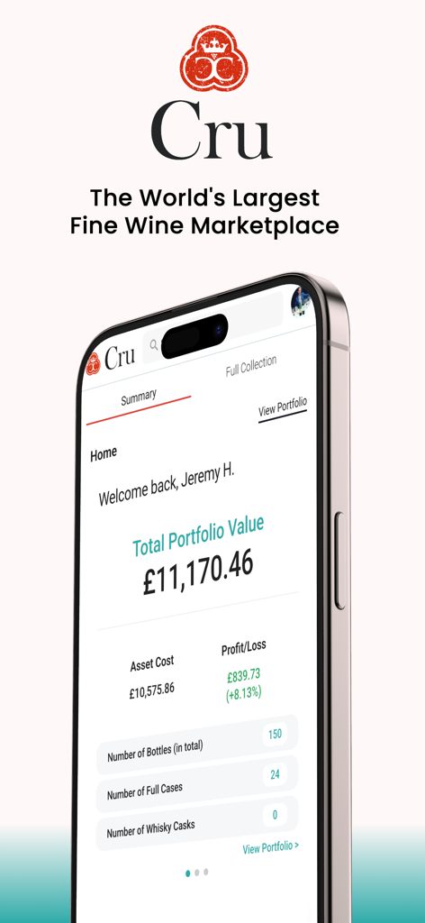 Cru World Wine app displaying a fine wine investment portfolio with total value and profit metrics