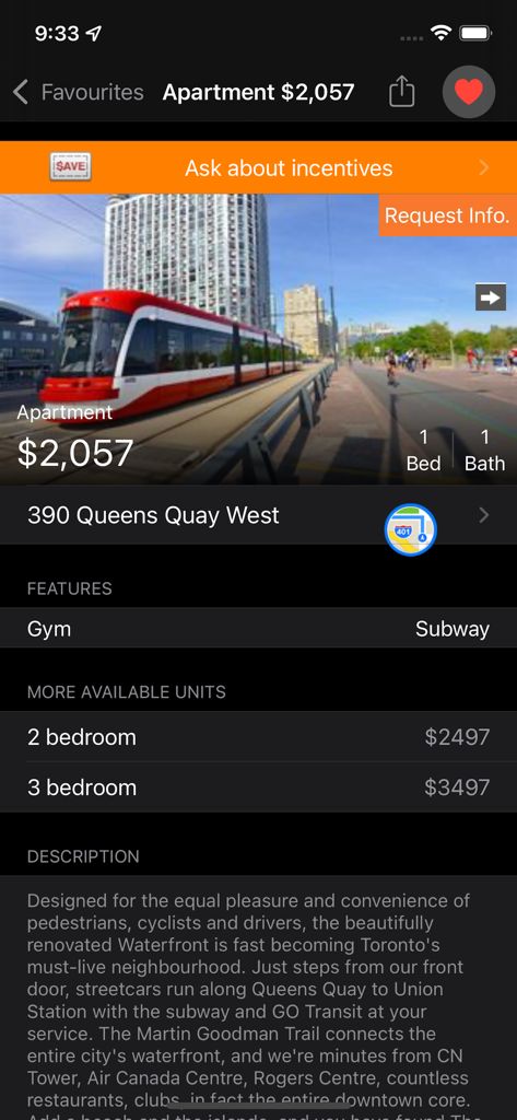 Rent Compass Apartment Finder - A detailed view of a Toronto apartment rental listing on the Rent Compass app showing price and building features
