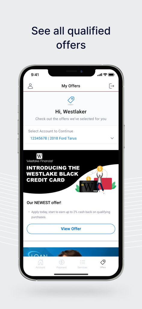 Westlake MyAccount - パーソナライズされた金融オファーとブラッククレジットカードのプロモーションを表示するWestlake MyAccountのモバイルアプリ画面。
