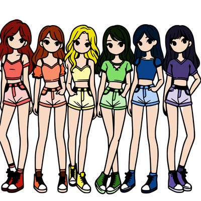 a group of girls wearing crop tops and shorts