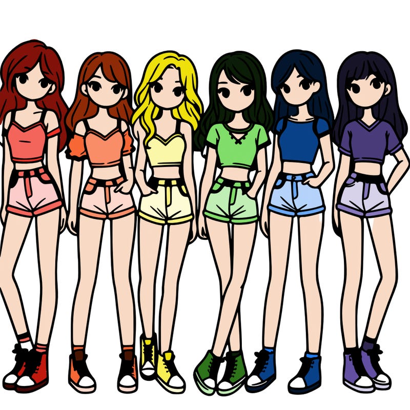 a group of girls wearing crop tops and shorts