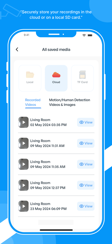 My Watchman™ Cam - クラウドとローカルSDカードストレージのオプションとともに保存されたメディアを表示するMy Watchman Camアプリ画面。