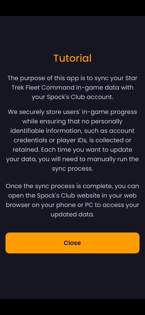 SpocksClub - Tutorial screen explaining data sync for Star Trek Fleet Command in SpocksClub