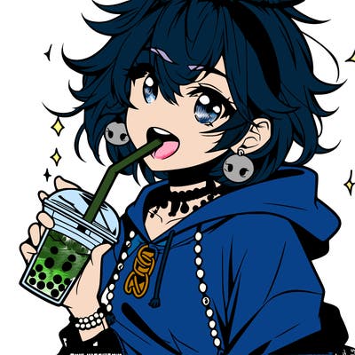 hot baddie anime girl drinking boba and biting the straw