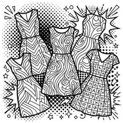 Unleash your creativity with this Pop Art inspired coloring page featuring an array of sophisticated work dresses. Each garment is adorned with unique, intricate patterns and set against a dynamic Pop Art background, perfect for a vibrant coloring adventure.