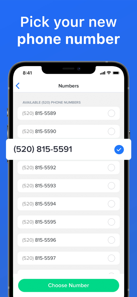 Interface of the app showing a list of available phone numbers to choose from